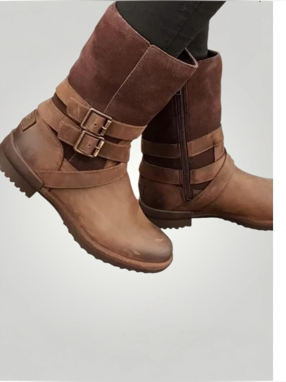 UGG Lorna Waterproof Bootie Brown Suede Leather Moto Biker Old Money